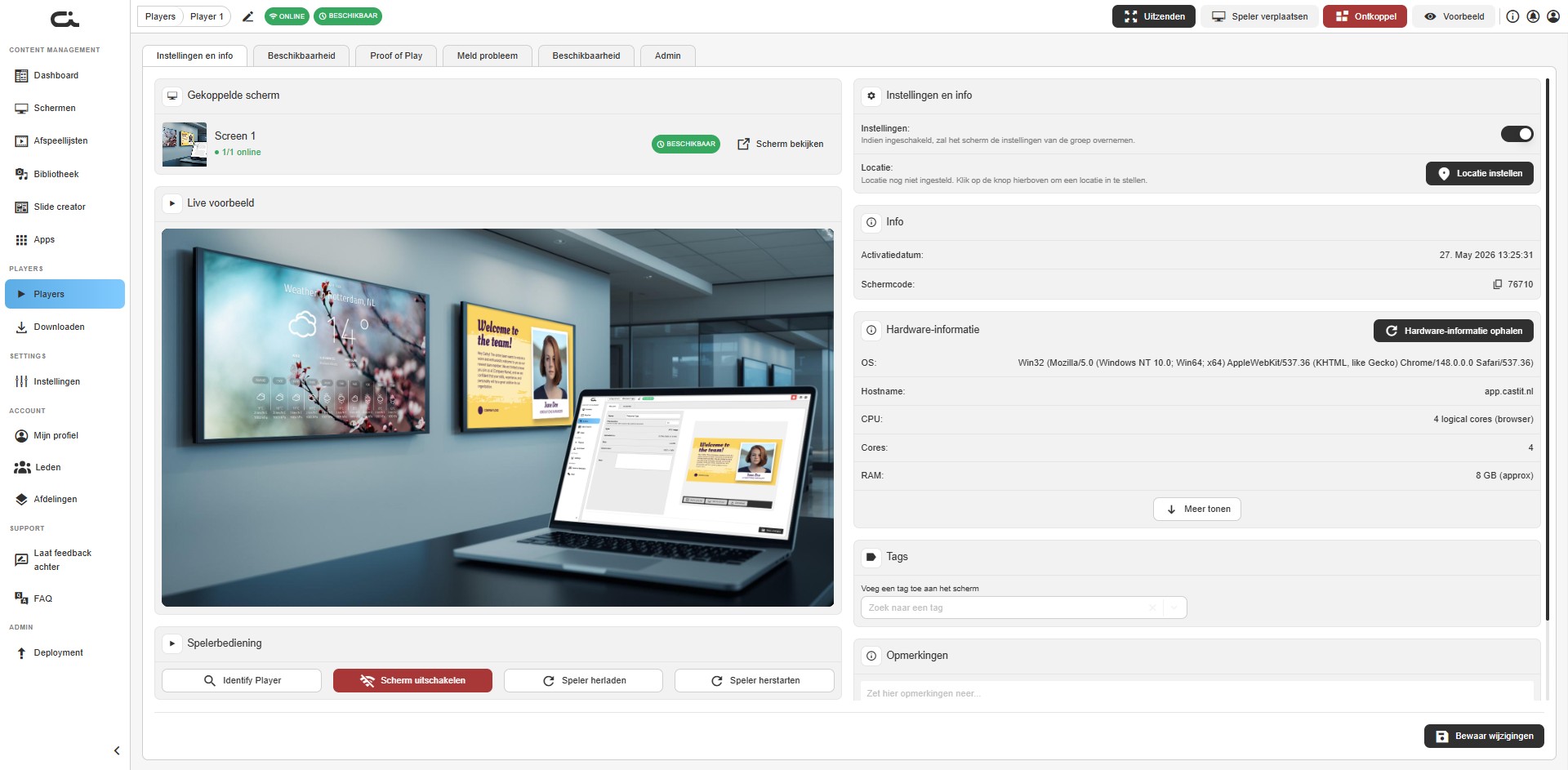 Player Instellingen en info