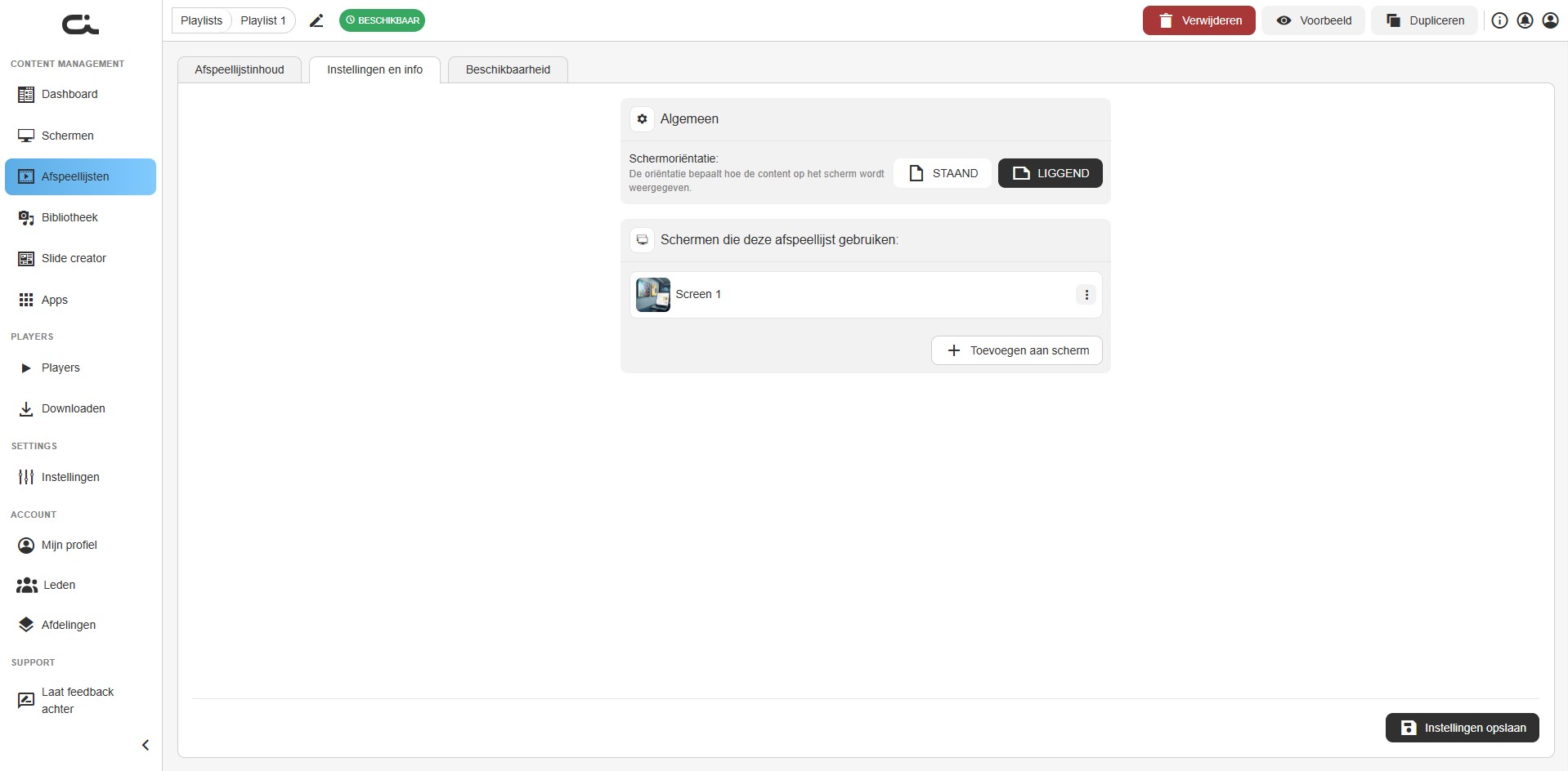 Tab Instellingen en info