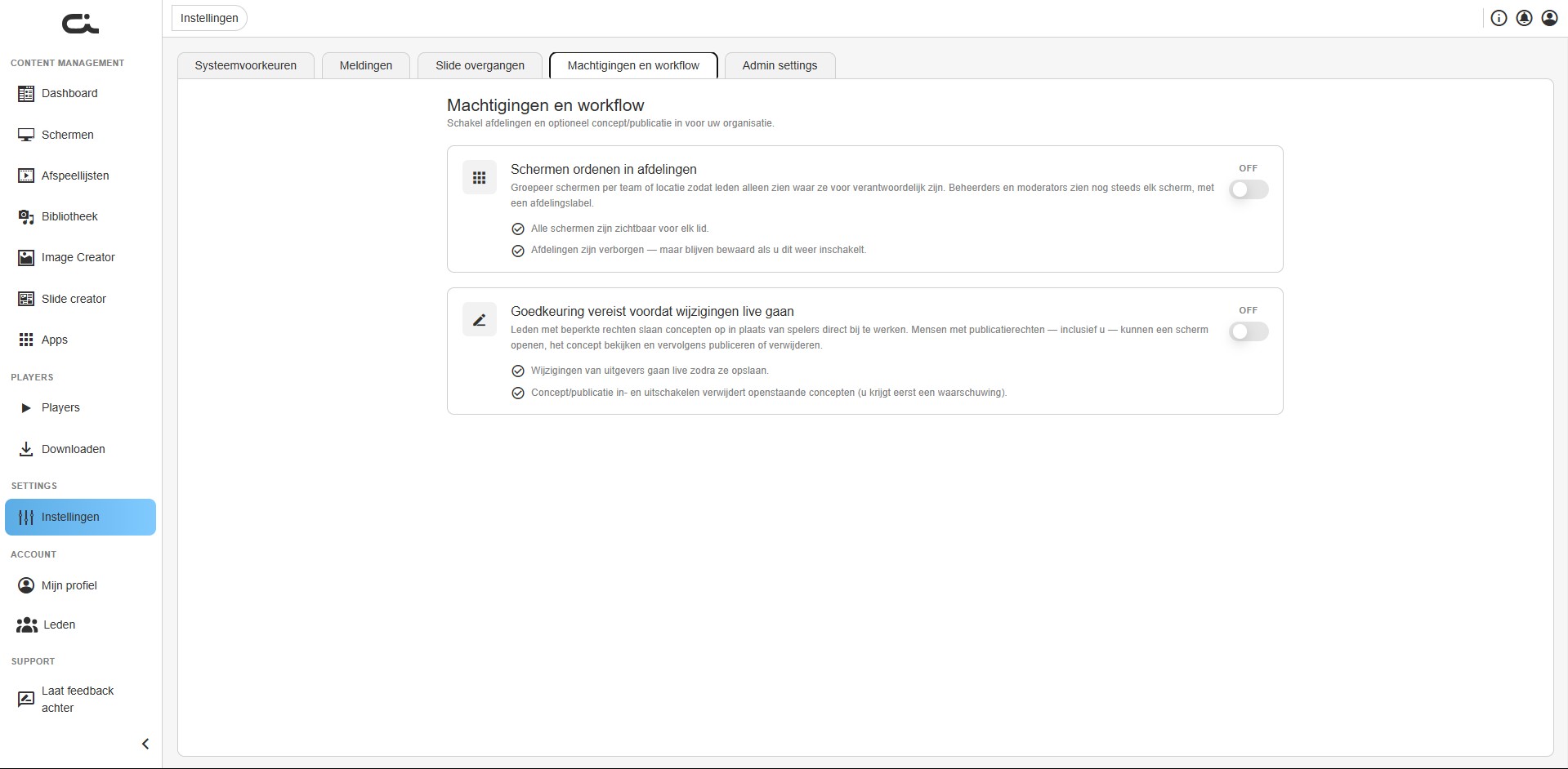 Tabblad Machtigingen en workflow met de twee schakelaars